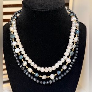 3 Freshwater Pearl Necklaces White Black Blue Layering Set NWT